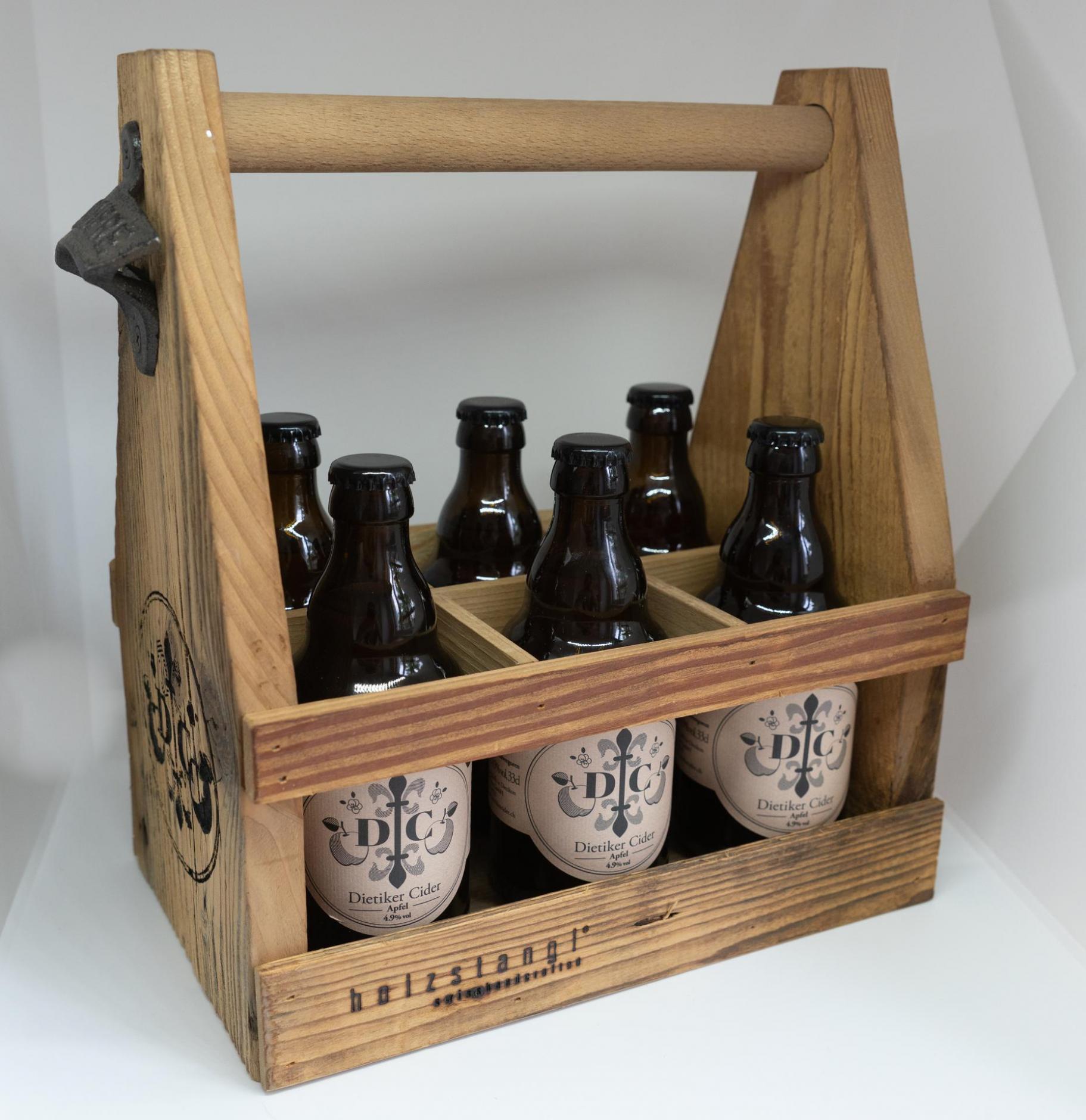 Holztray für 6 Flaschen mit Logo Dietiker Cider